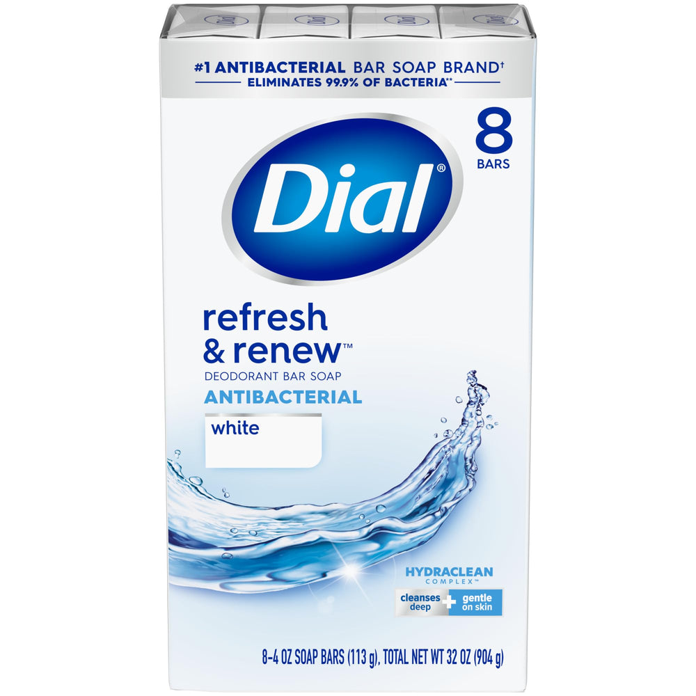 Dial Refresh and Renew antibacterial bar soap close-up showing creamy lather for daily cleansing