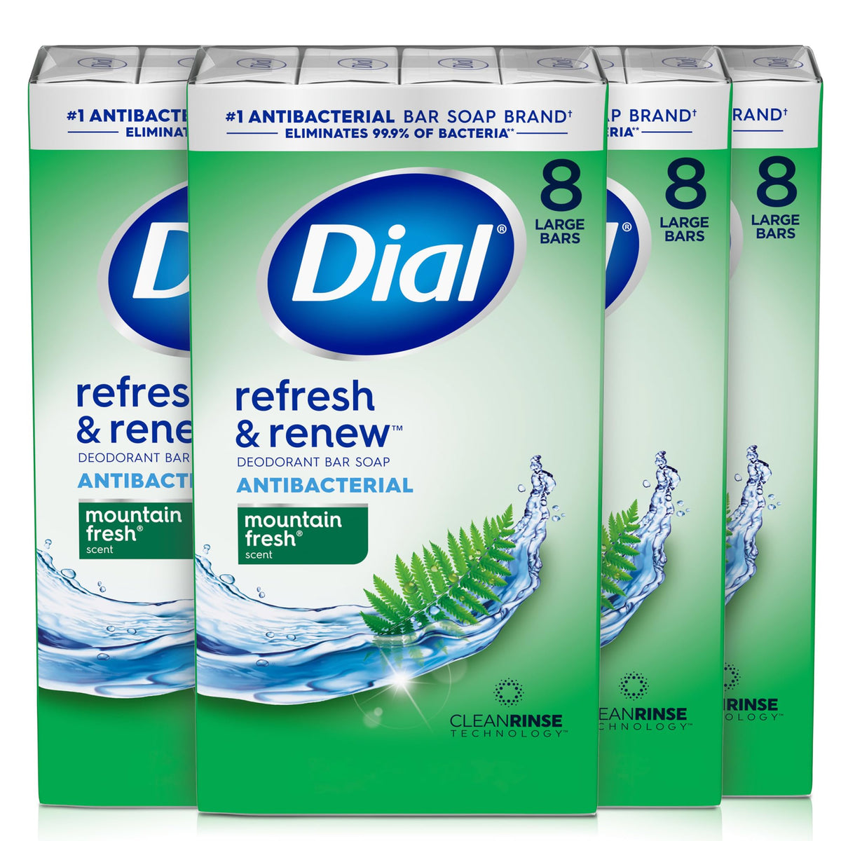 Dial antibacterial bar soap Refresh & Renew Mountain Fresh pack ready for family use.