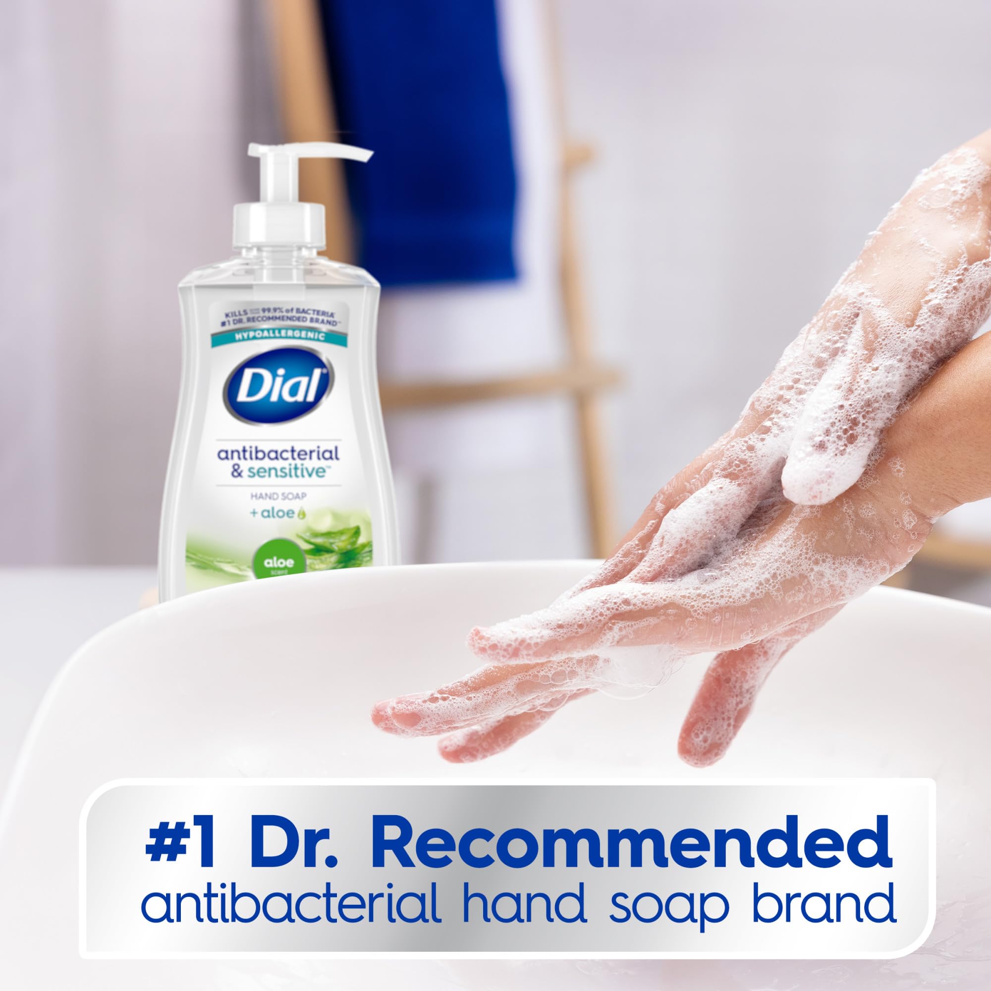 Dial Antibacterial Defense Aloe at bathroom sink keeps hands soft.