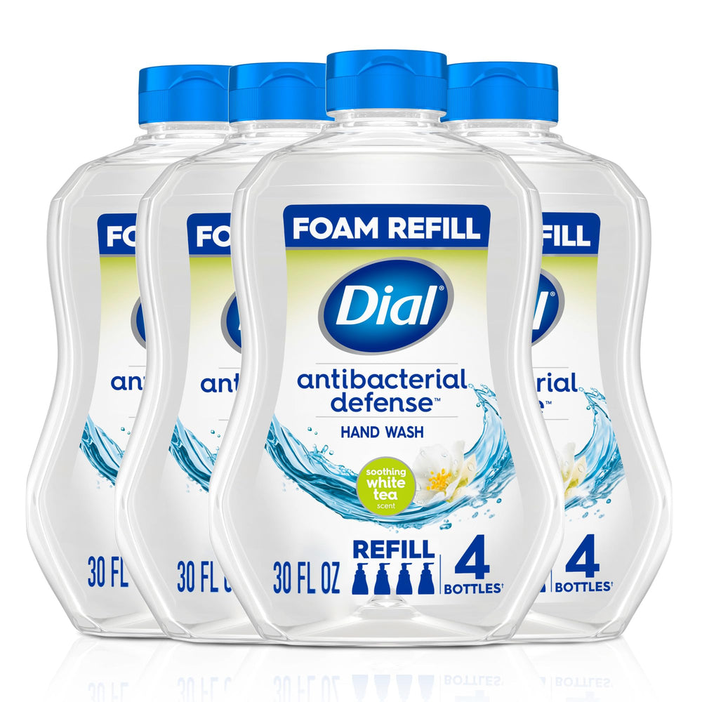 Dial Antibacterial Defense foaming hand soap bottle with aloe for gentle cleansing.