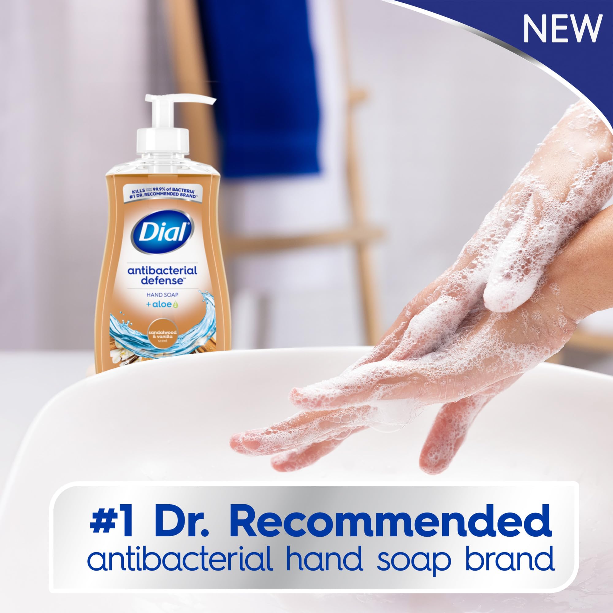 Dial Antibacterial Defense hand-soap-closeup highlights aloe moisturizers for soft skin.