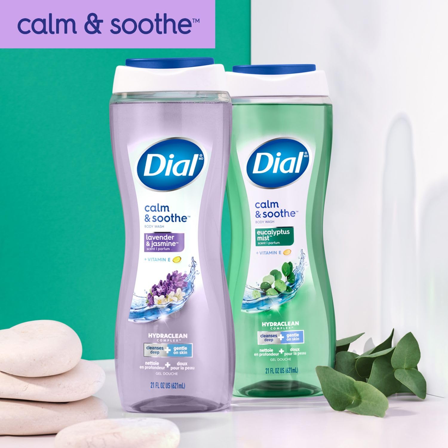 Dial Calm and Soothe eco-friendly packaging logo communicates sustainability.