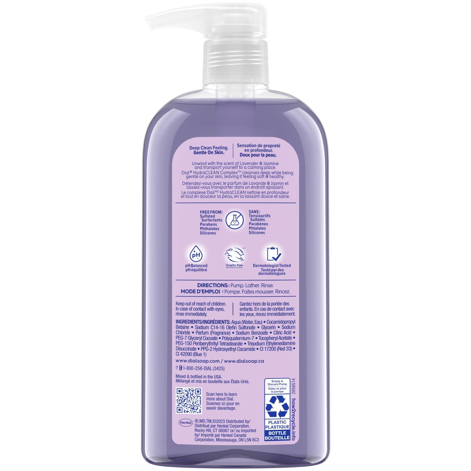 Dial Calm and Soothe label closeup shows pH balanced and dermatologist-tested.