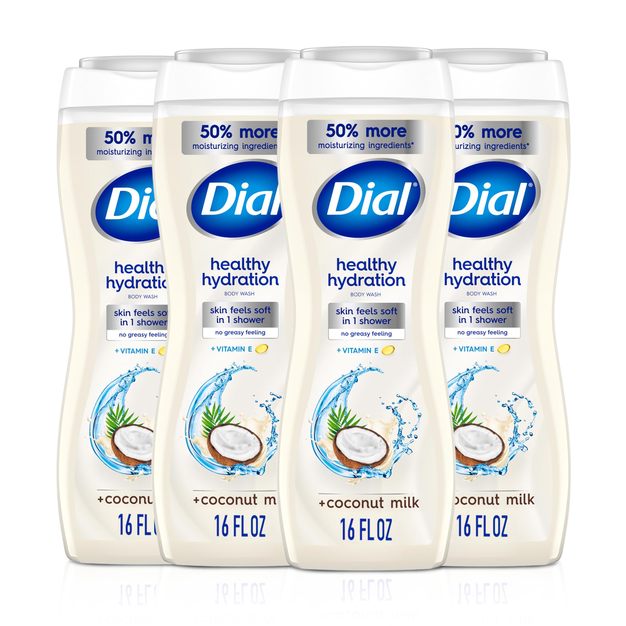 Dial Healthy Hydration coconut milk bottle front, moisturizing cleanser for refreshed skin.