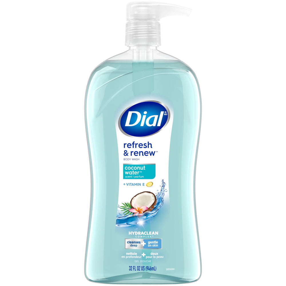 Dial Refresh and Renew Coconut Water bottle front showing a crisp, refreshing cleanse for daily skin care