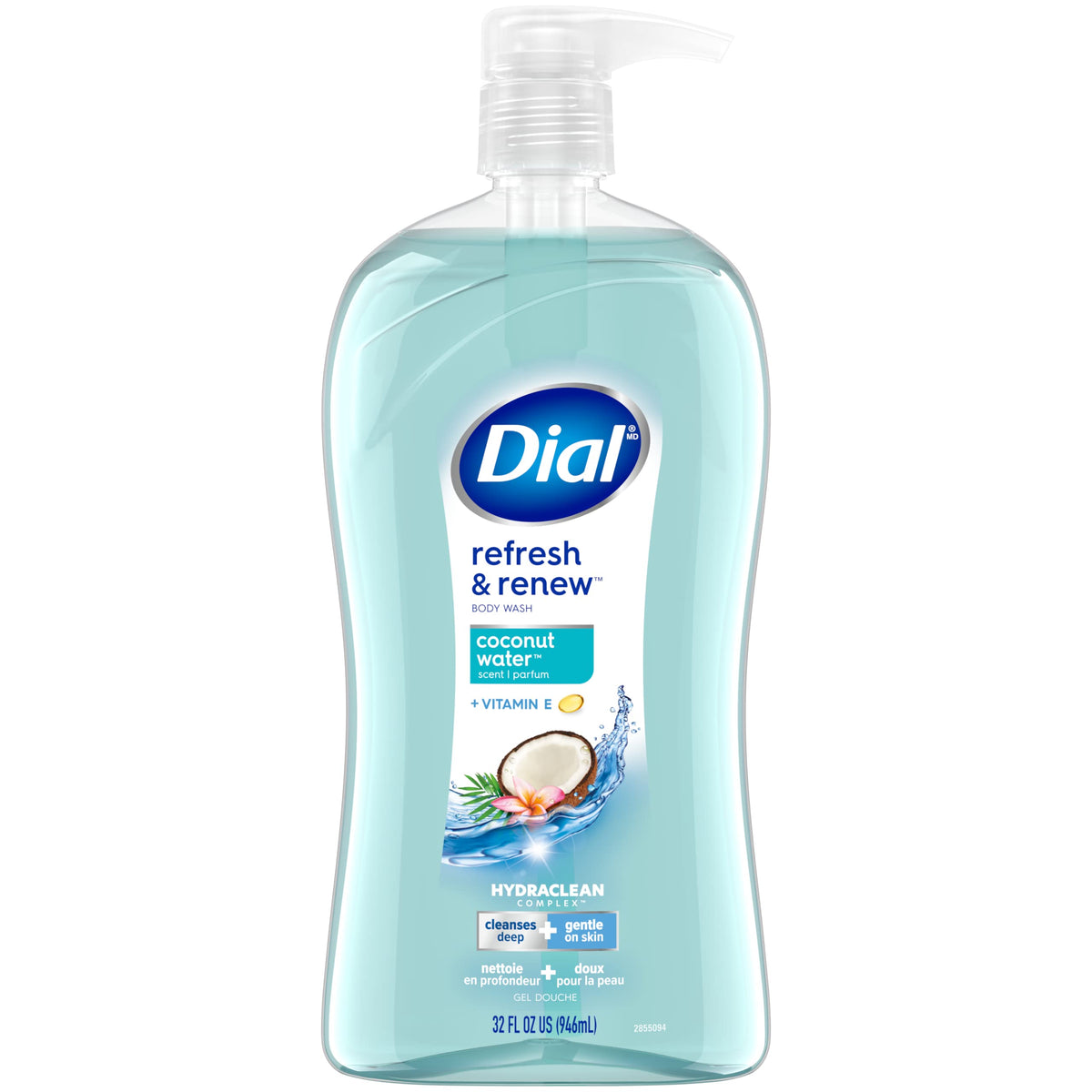 Dial Refresh and Renew Coconut Water bottle front showing a crisp, refreshing cleanse for daily skin care
