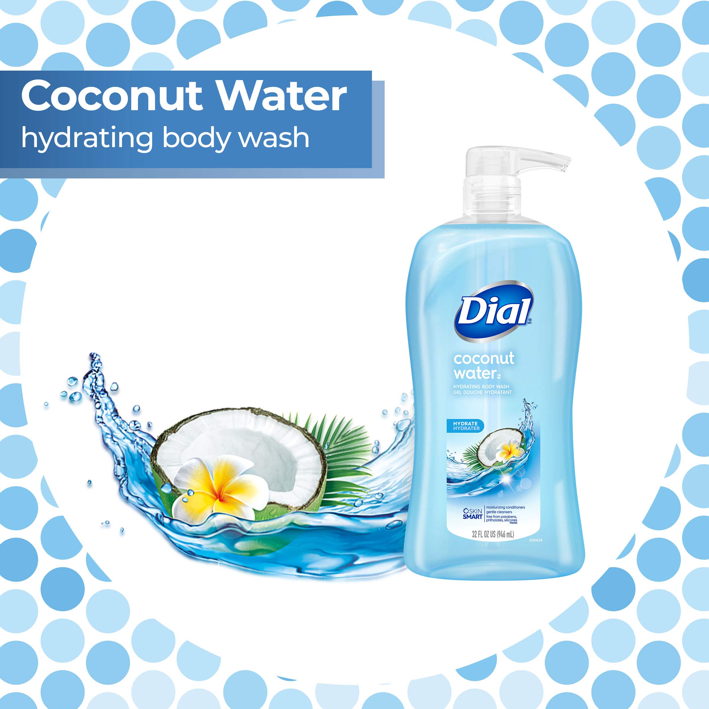 Dial Refresh and Renew Coconut Water bottle pump highlighting easy lather for quick showers