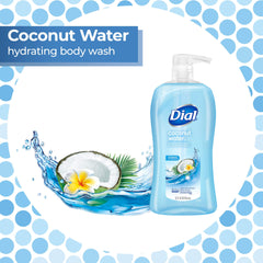 Dial Refresh and Renew Coconut Water bottle pump highlighting easy lather for quick showers