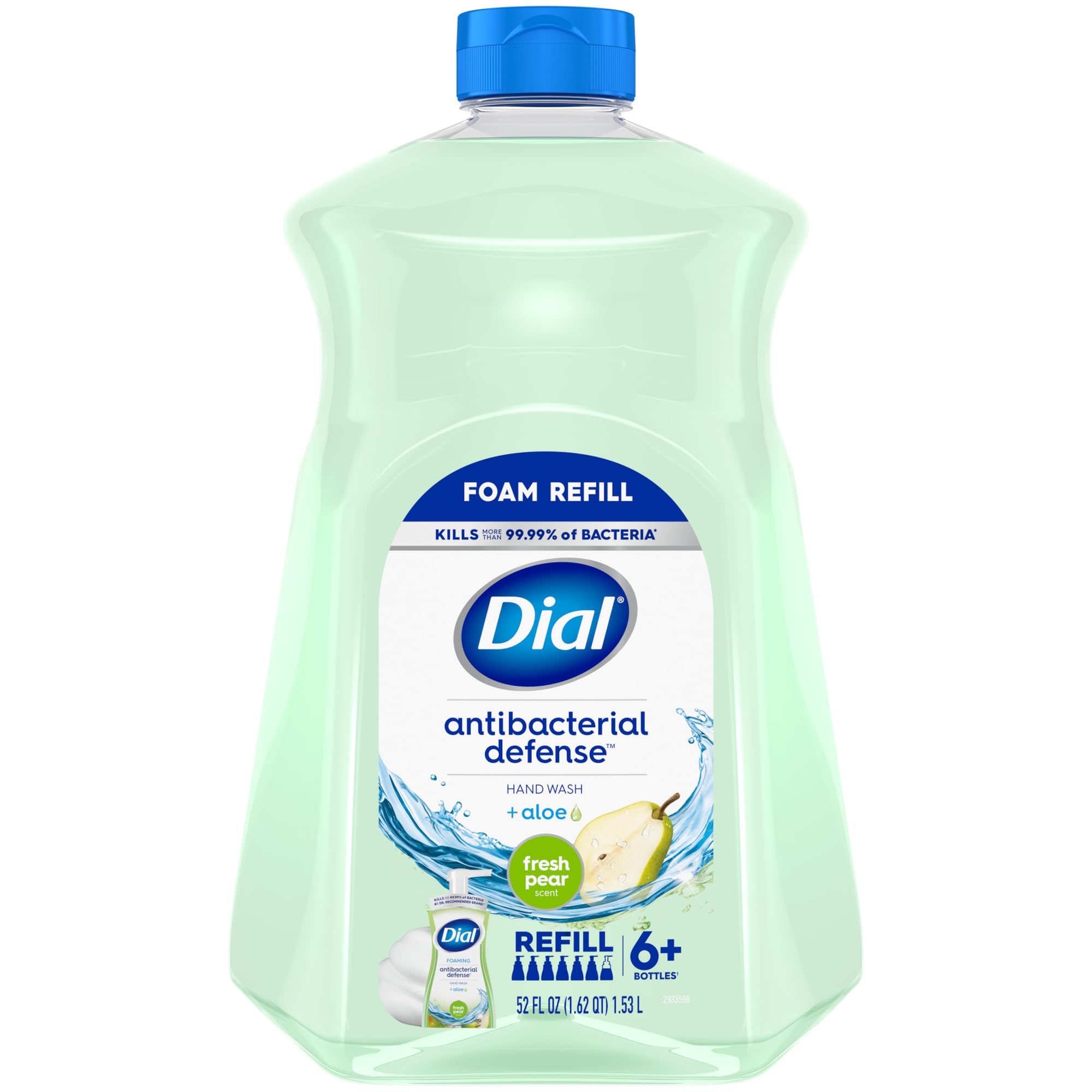 Dial Jabón antibacterial espumoso en botella, aroma pera fresca para manos limpias.