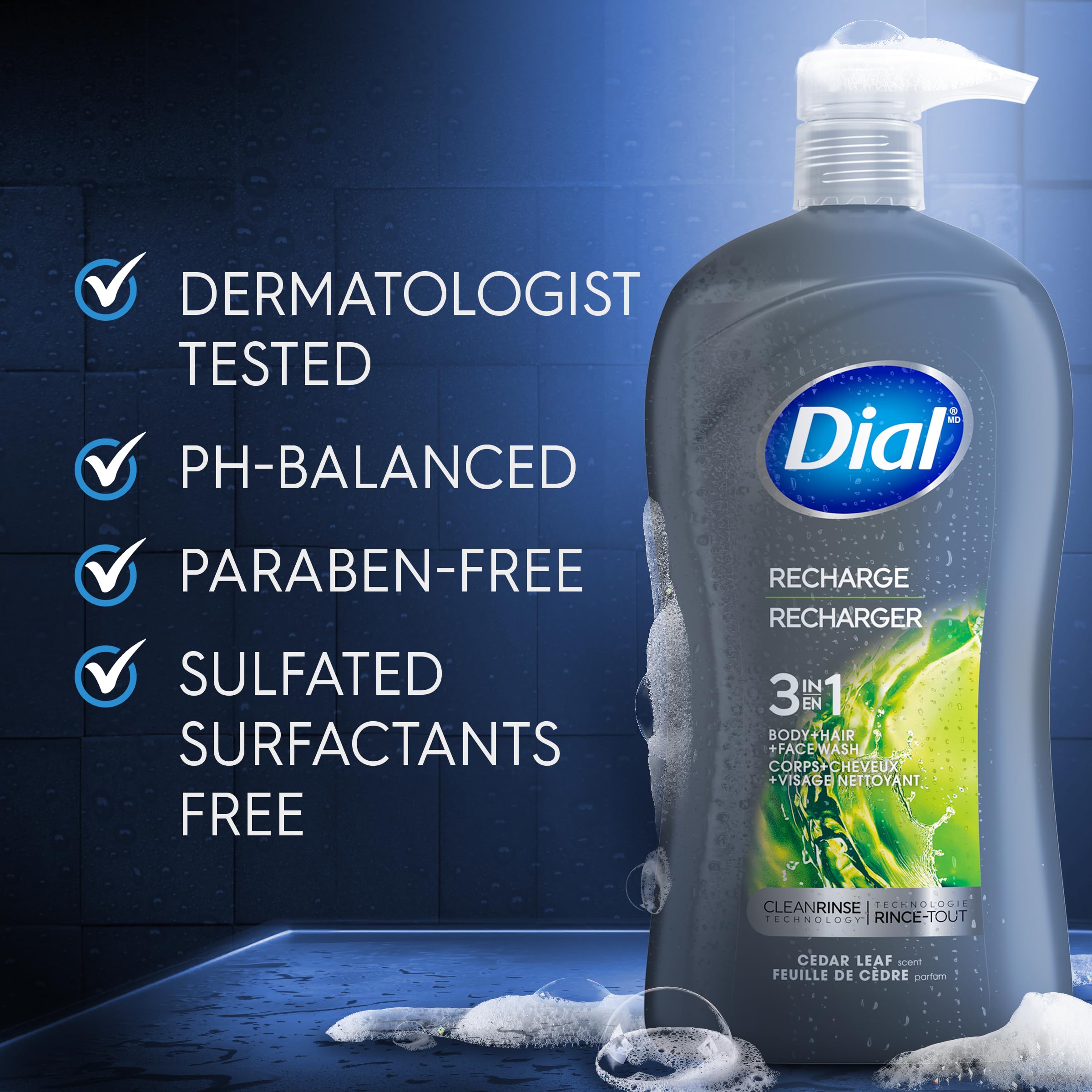 Dial bottle uses 50% post-consumer recycled plastic for sustainability.