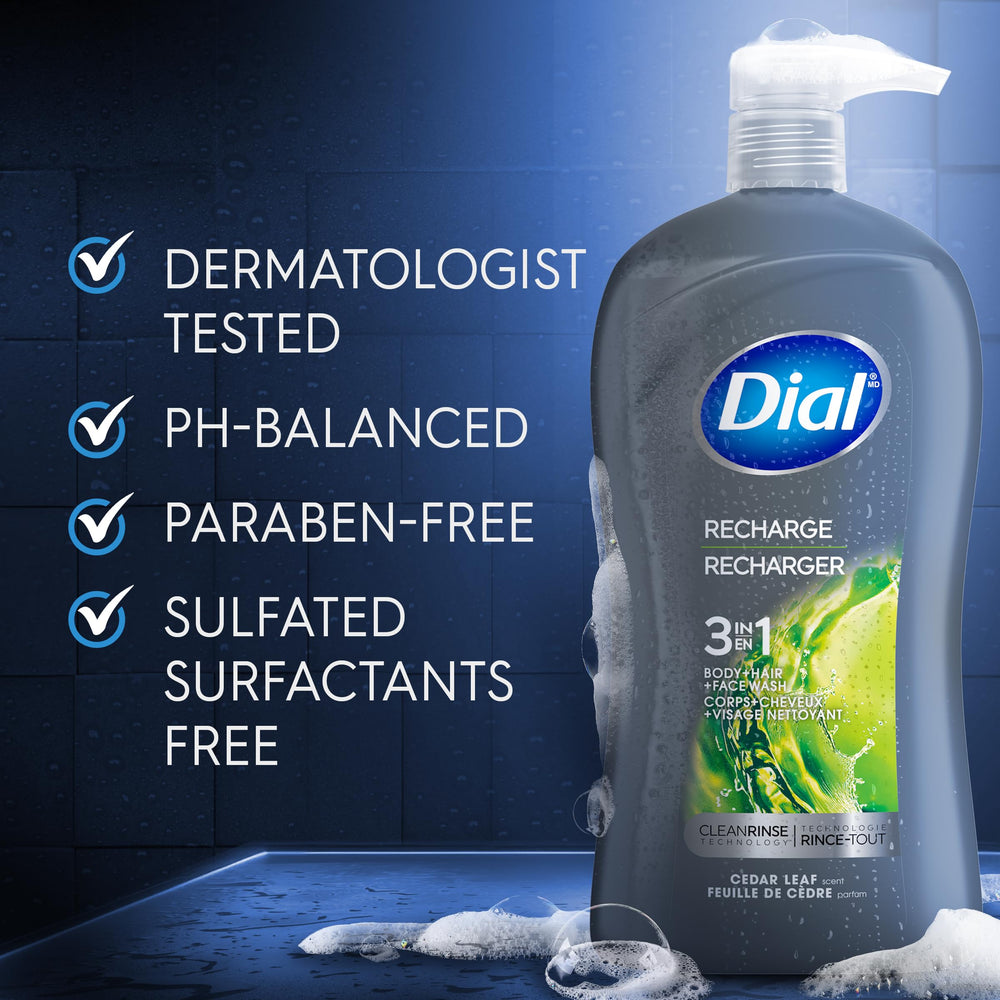 Dial bottle uses 50% post-consumer recycled plastic for sustainability.