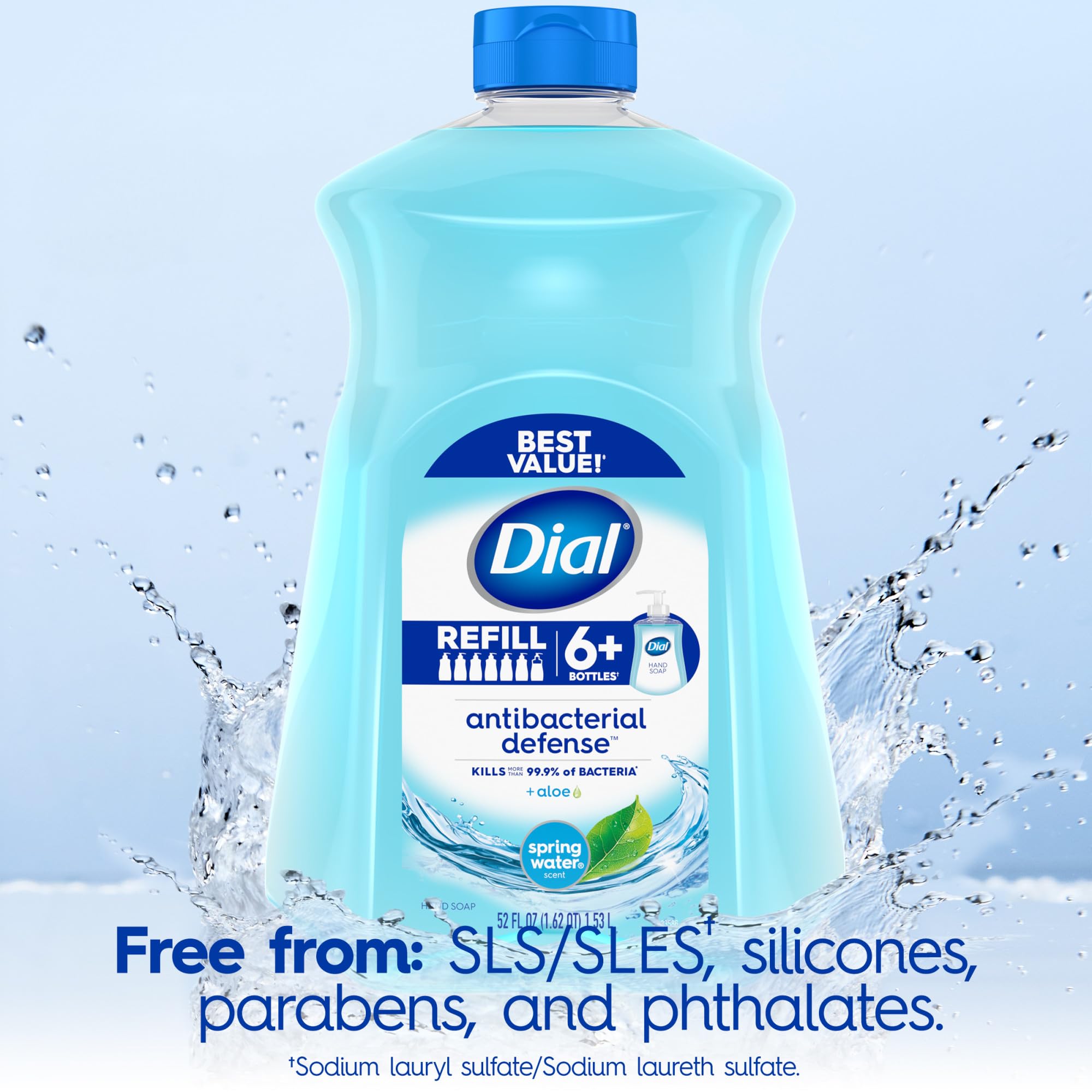 Dial Defensa Antibacteriana Uso en baño y cocina; rendimiento para espacios compartidos.