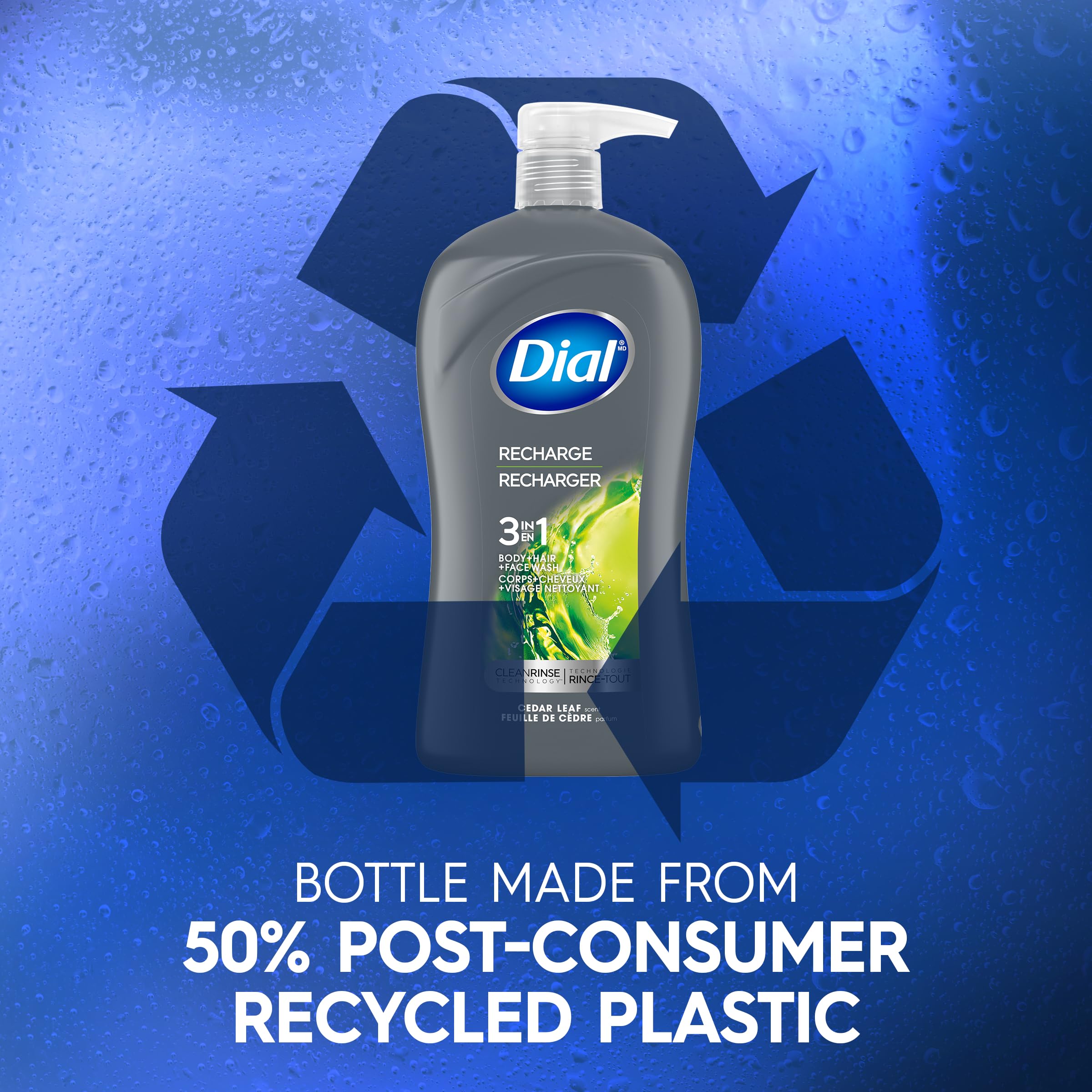 Dial easy-squeeze bottle simplifies cleansing during showers and travel.
