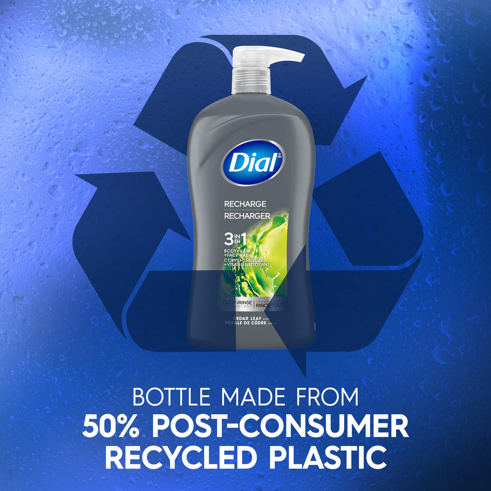 Dial easy-squeeze bottle simplifies cleansing during showers and travel.