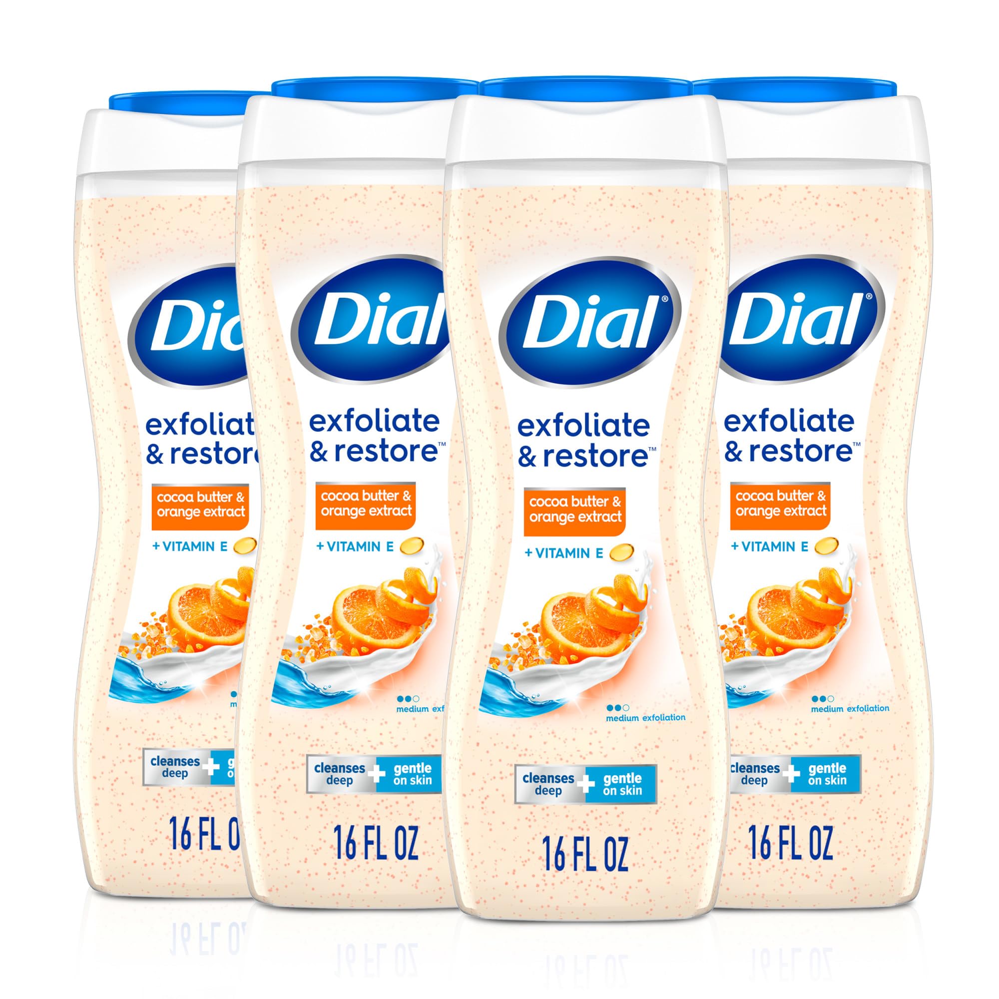 Dial exfoliar-restaurar: botella mostrando manteca de cacao y naranja para piel suave.