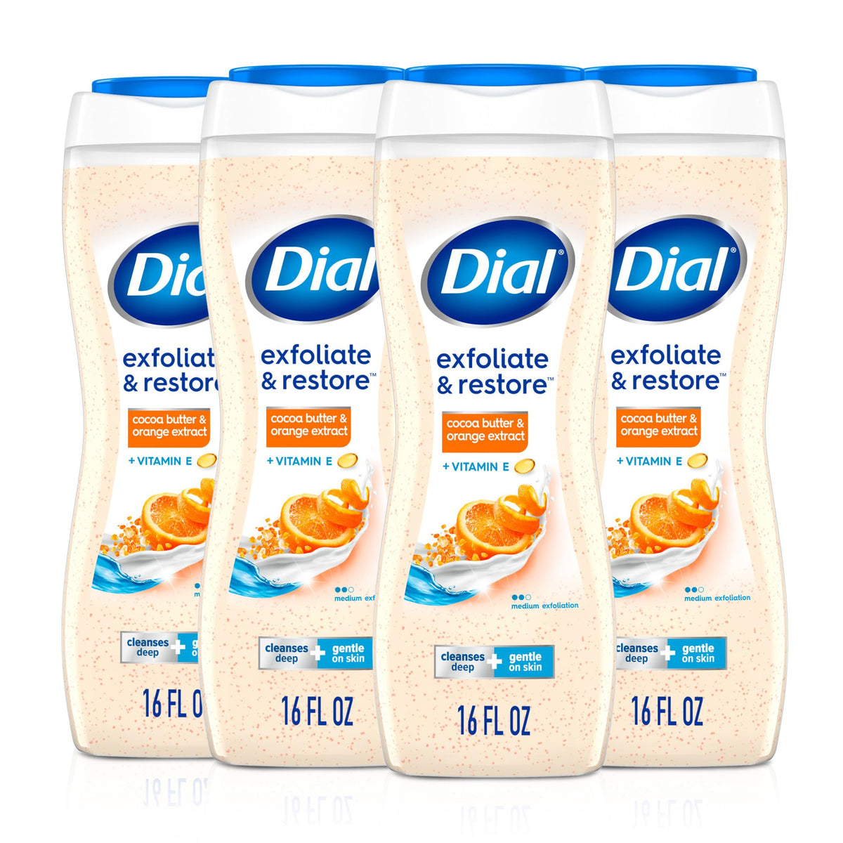 Dial exfoliar-restaurar: botella mostrando manteca de cacao y naranja para piel suave.