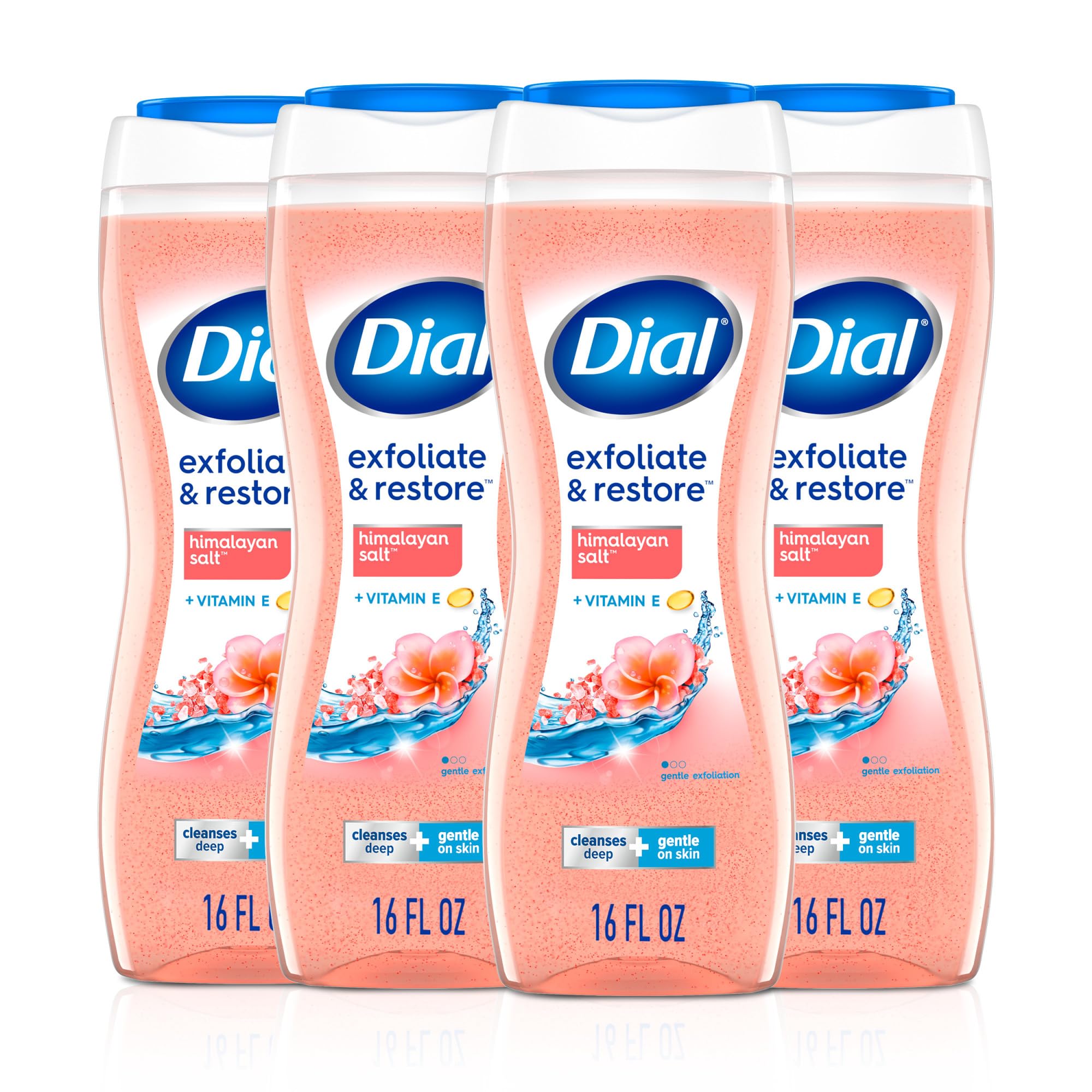 Dial Exfoliate & Restore Himalayan Salt bottle pour shows refreshing cleansing.