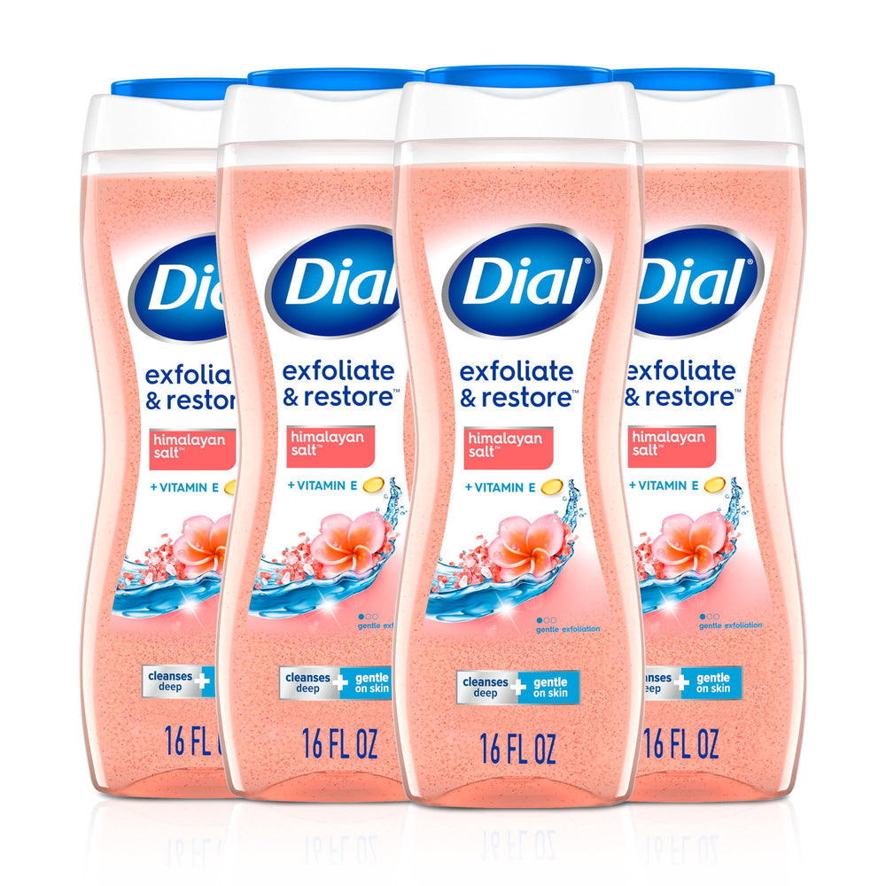 Dial Exfoliate & Restore Himalayan Salt bottle pour shows refreshing cleansing.