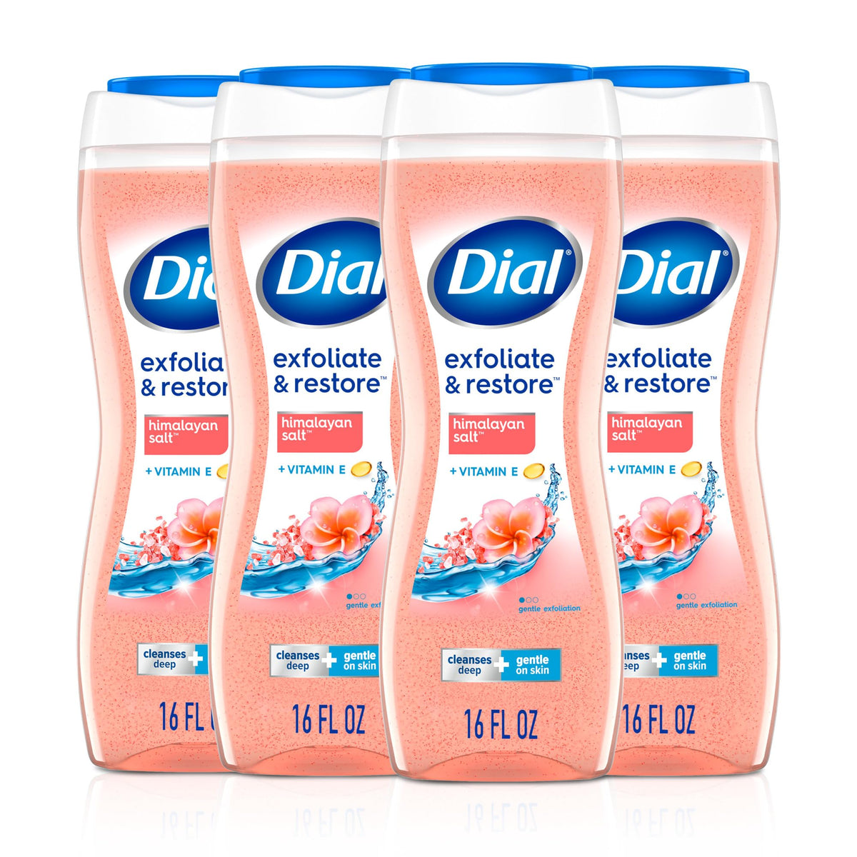 Dial Exfoliate & Restore Himalayan Salt bottle pour shows refreshing cleansing.