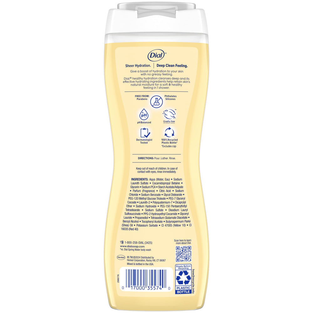 Dermatologist-tested Dial body wash bottle beside a soft towel.