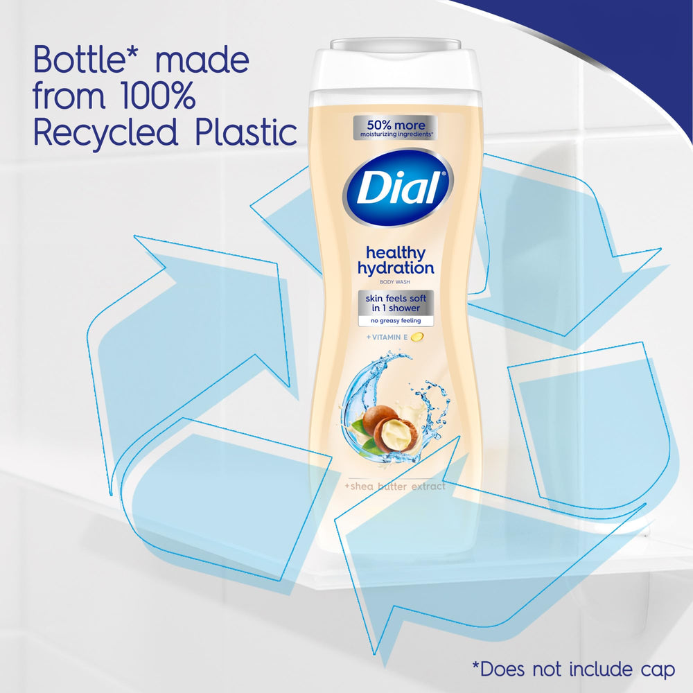 Dial Healthy Hydration label shows pH-balanced and paraben-free claims.