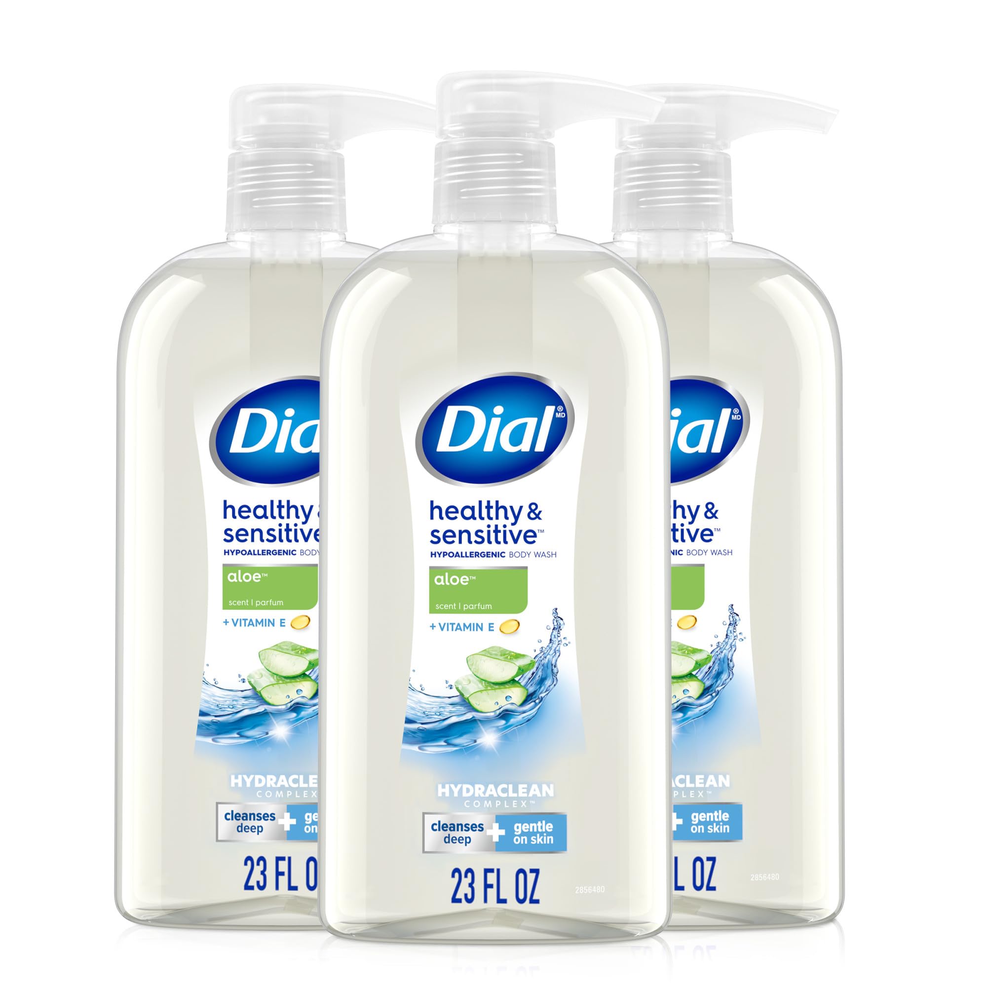 Dial Healthy & Sensitive Aloe bottle front view for gentle daily cleansing.