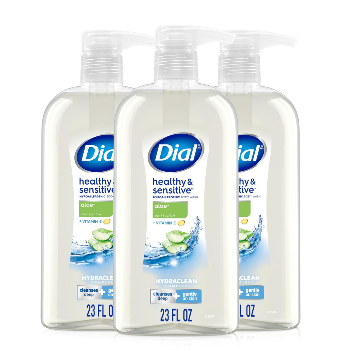 Dial Healthy & Sensitive Aloe bottle front view for gentle daily cleansing.