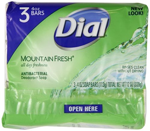 Dial jabón antibacteriano Montaña Fresca, dos barras visibles, conveniencia familiar para lavado diario.