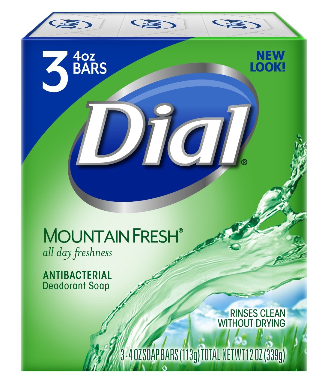 Dial jabón barra antibacteriano Montaña Fresca, frente del paquete, aroma duradero y sensación limpia.