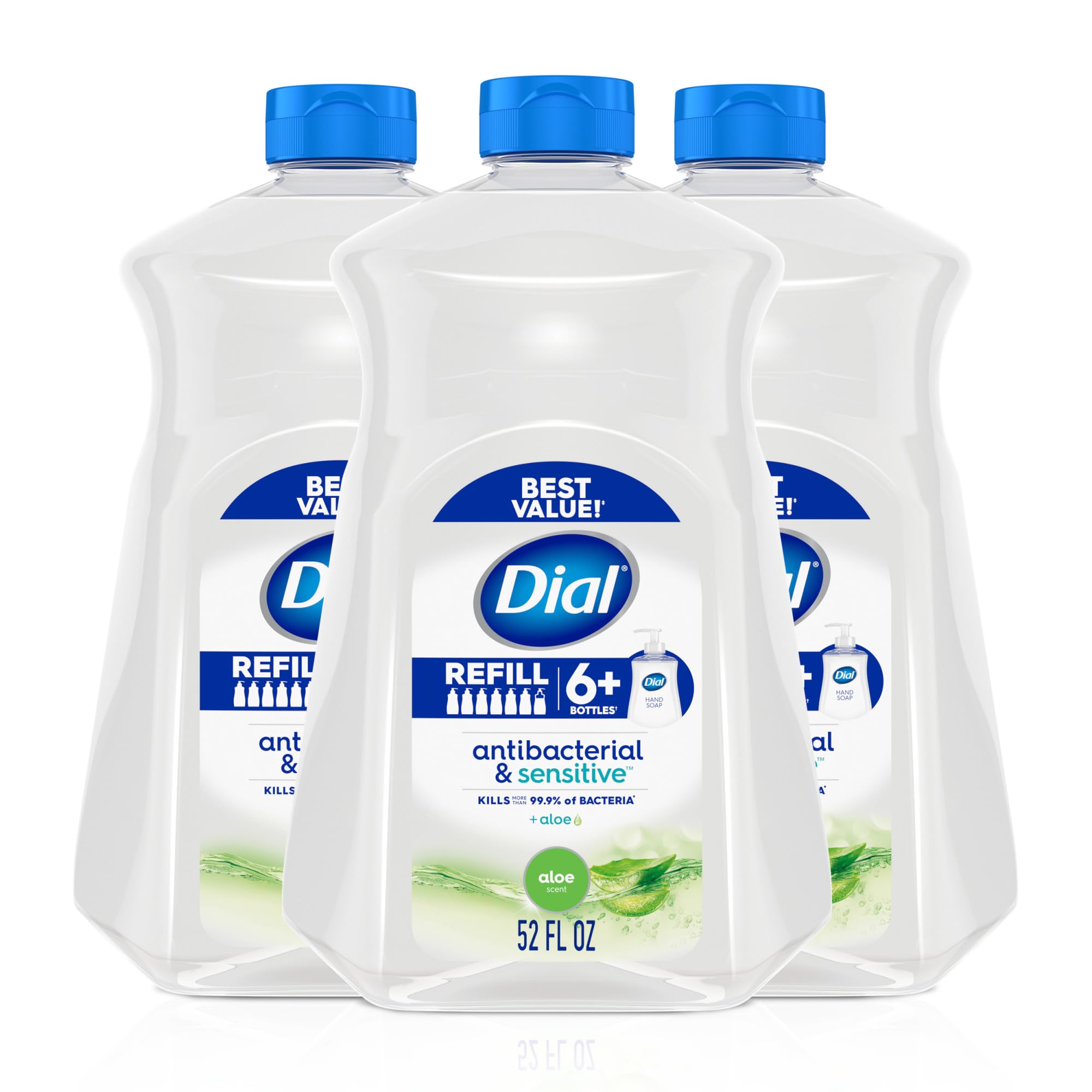 Dial Jabon líquido antibacteriano Defense con Aloe en botella 52 oz para manos limpias.