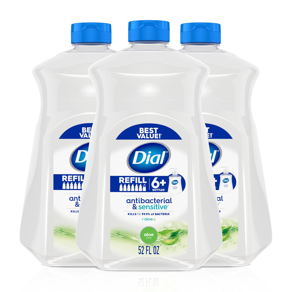 Dial Jabon líquido antibacteriano Defense con Aloe en botella 52 oz para manos limpias.