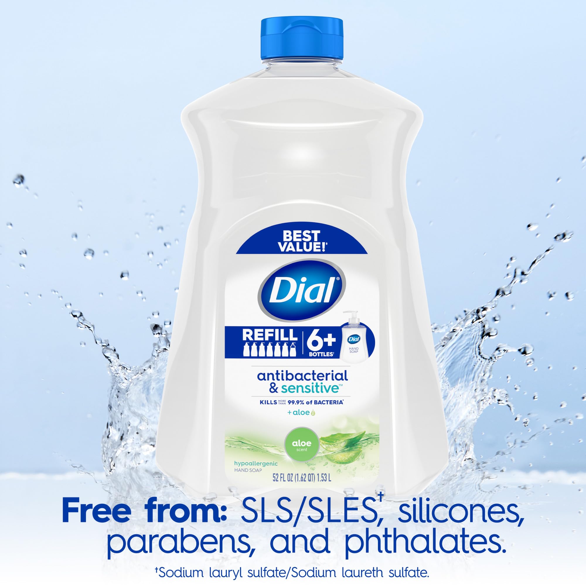 Dial Jabon líquido antibacteriano Defense Aloe sin SLS/SLES cuida piel sensible.