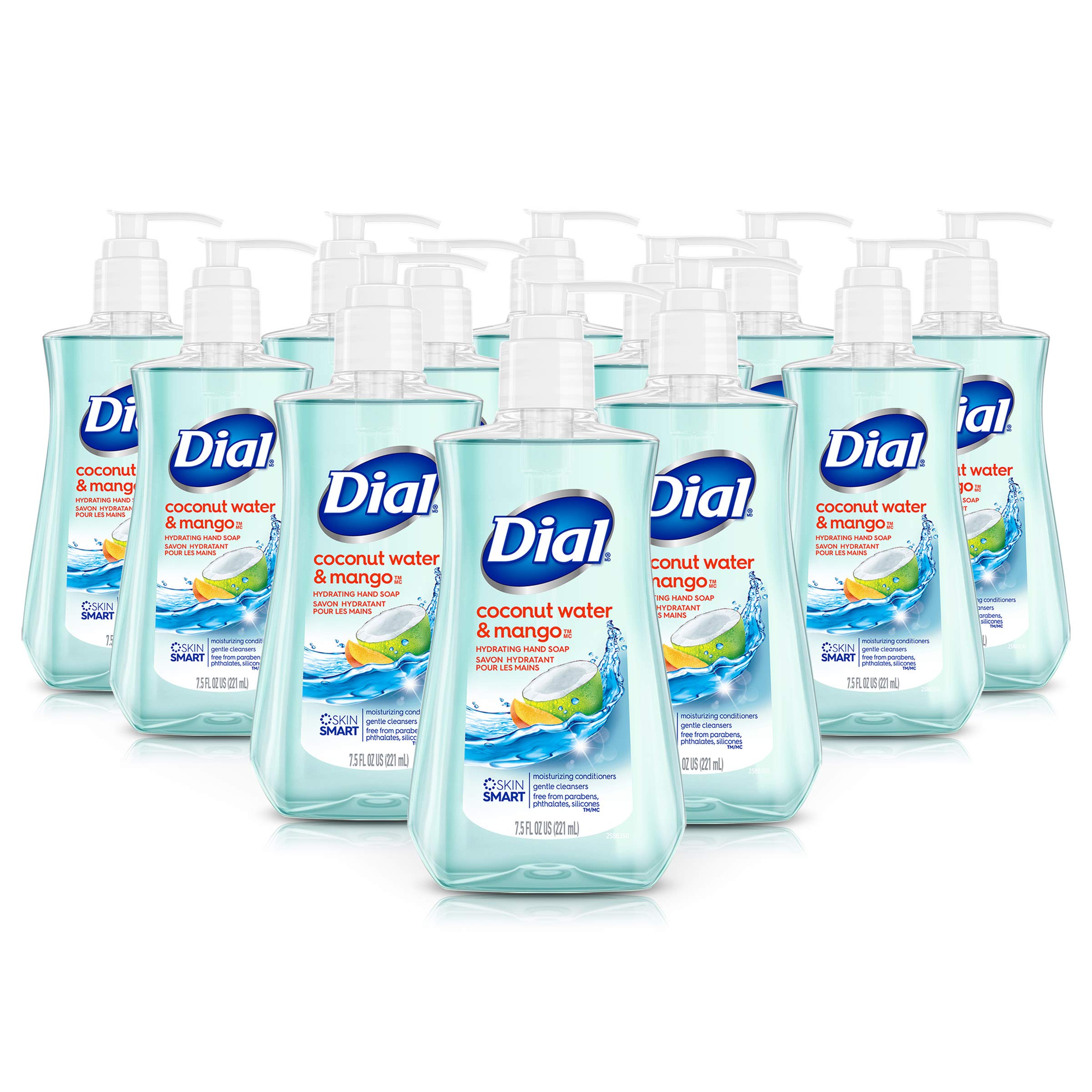 Dial Jabón líquido para manos con aroma coco mango, botella destacada para limpieza fresca.