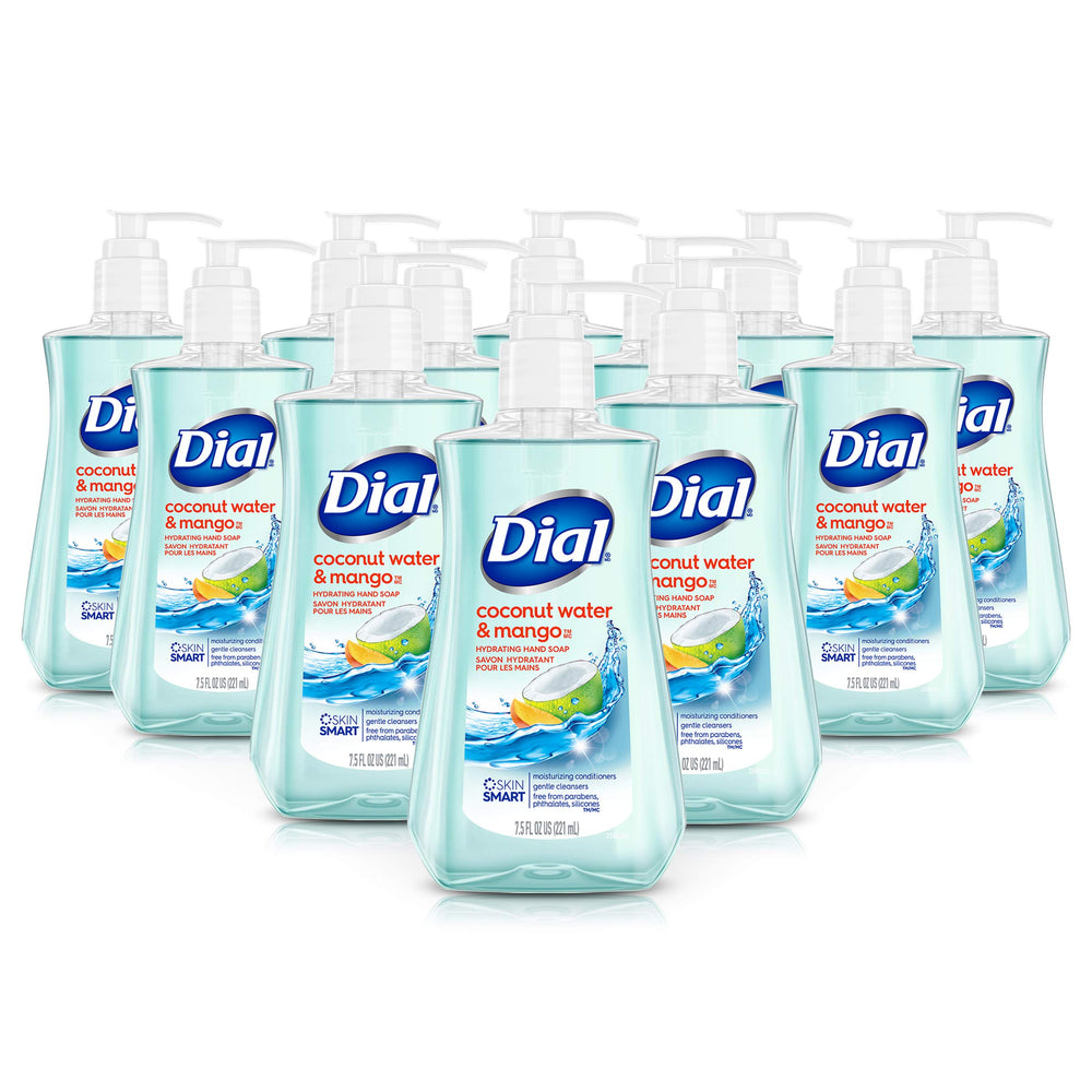 Dial Jabón líquido para manos con aroma coco mango, botella destacada para limpieza fresca.