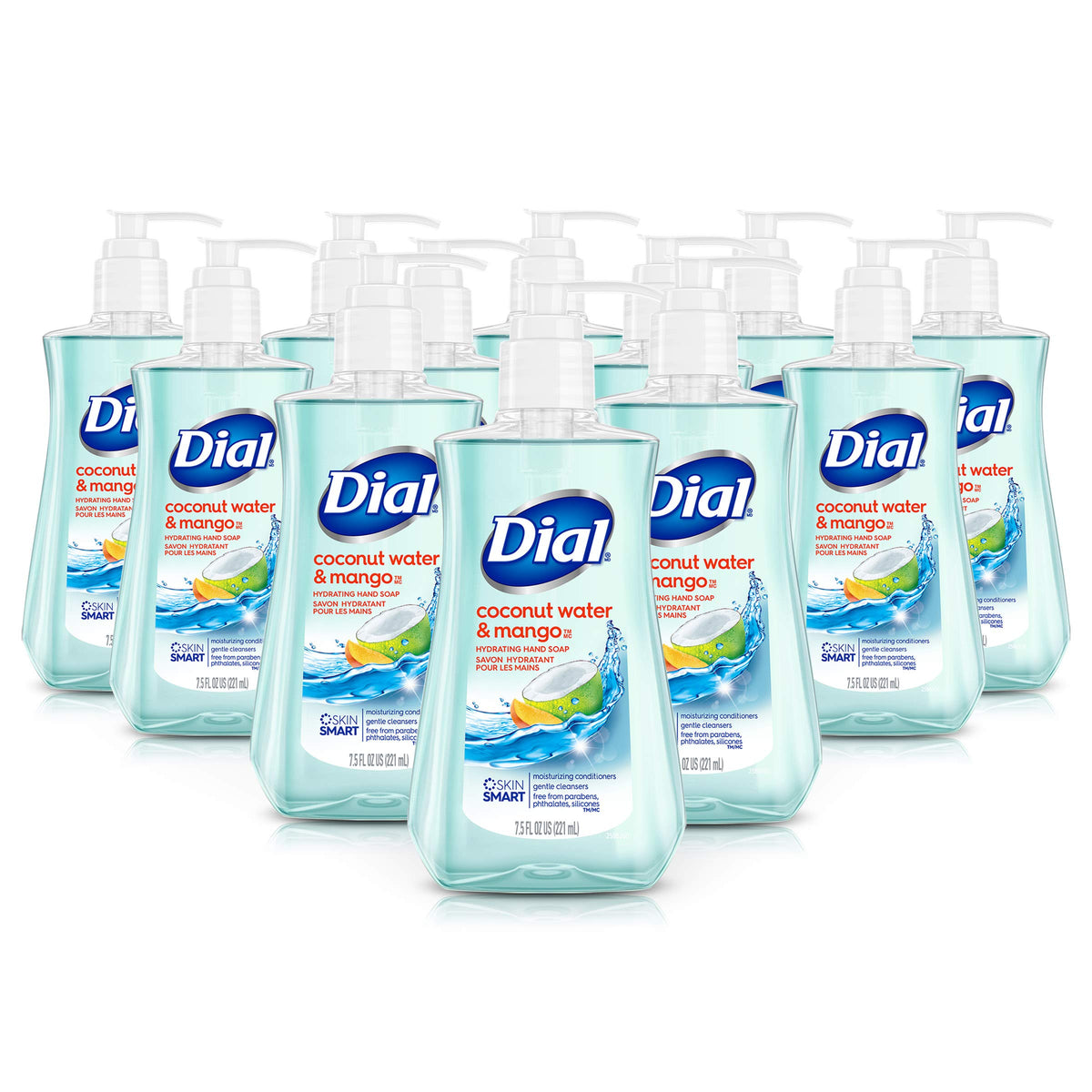 Dial Jabón líquido para manos con aroma coco mango, botella destacada para limpieza fresca.
