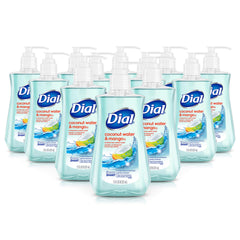 Dial Jabón líquido para manos con aroma coco mango, botella destacada para limpieza fresca.