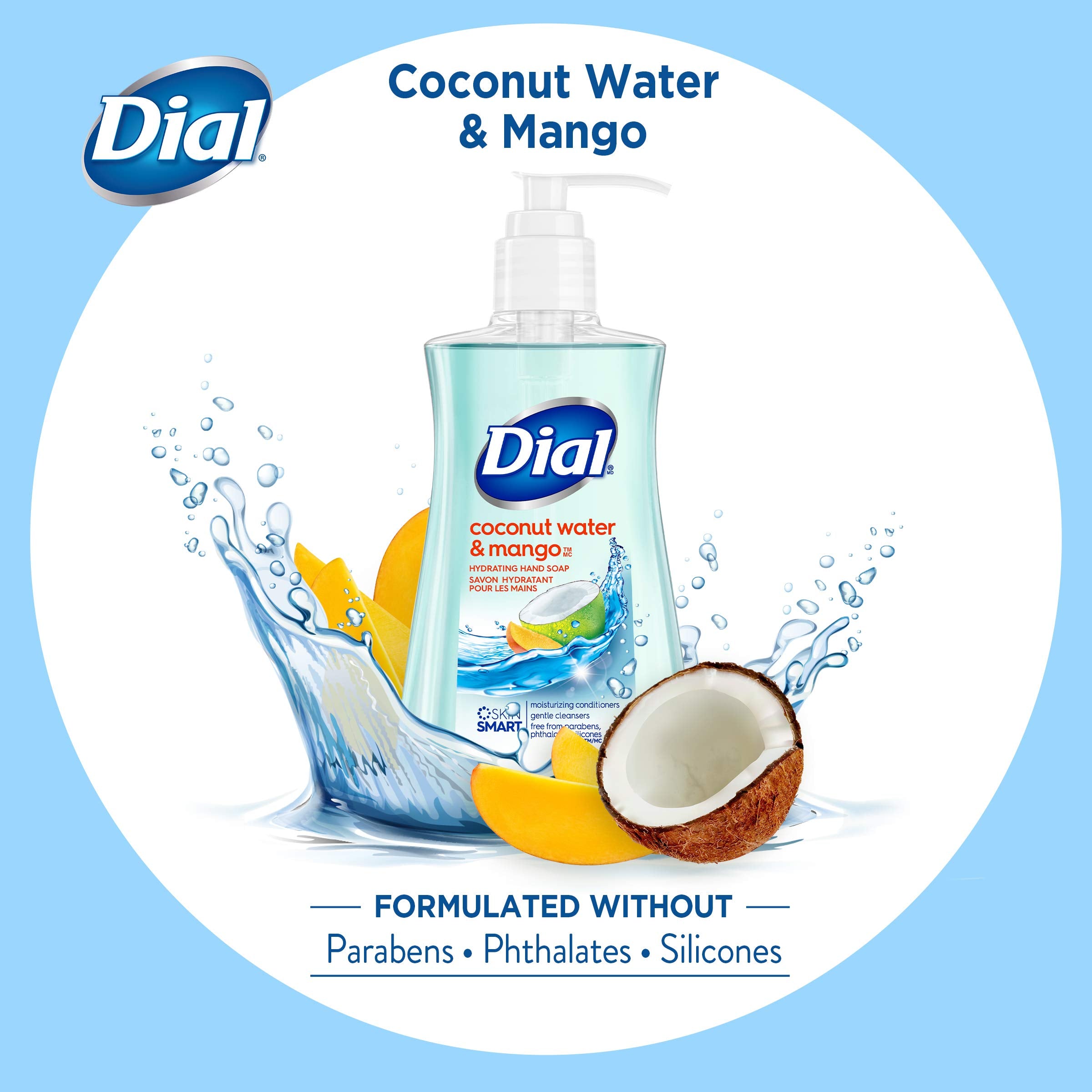 Dial Jabón líquido para manos, enjuague fácil y piel hidratada tras el lavado.