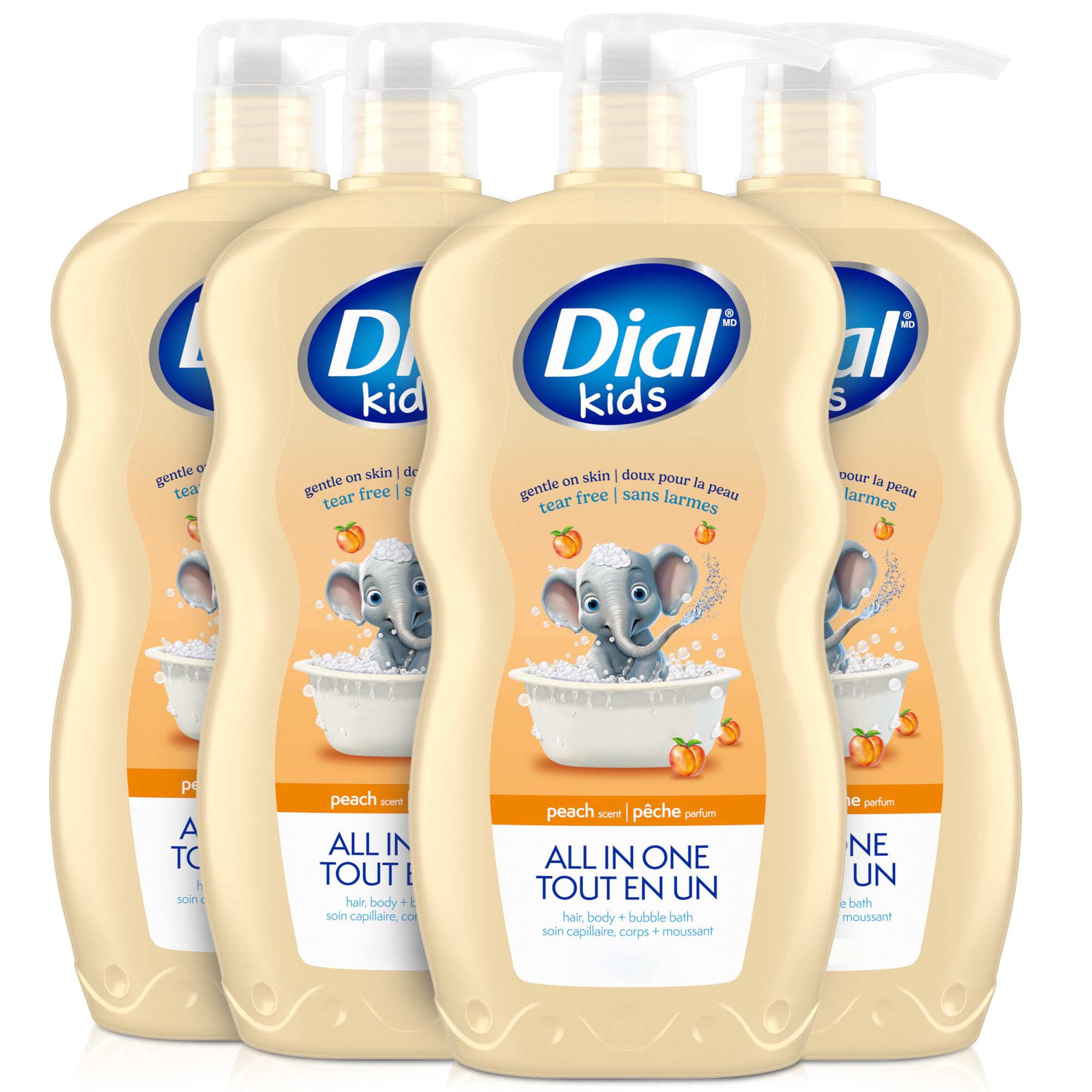 Dial Kids 3-in-1 peach bath wash bottle showing head-to-toe clean for kids.