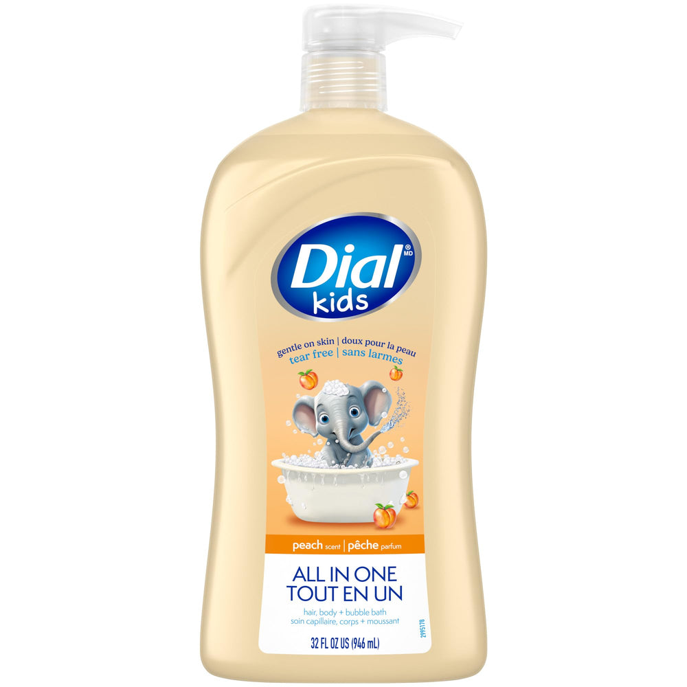 Dial Kids botella-durazno: envase práctico y aroma agradable para baño.
