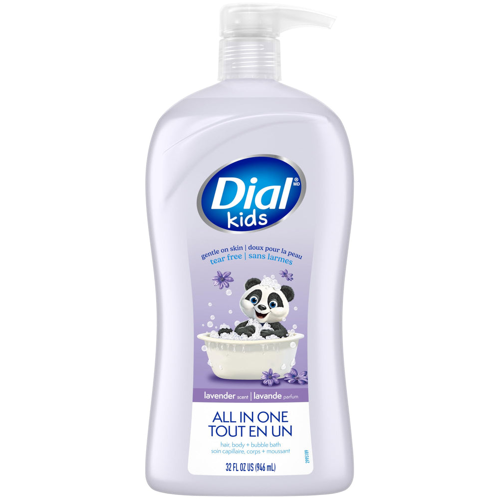 Dial Kids dos en uno, botella lavanda: limpieza suave para cuerpo y cabello.