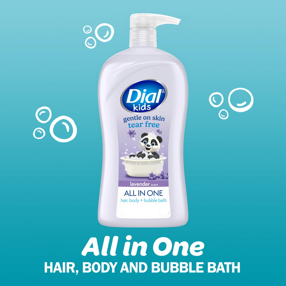 Dial Kids espuma suave, aroma lavanda, ideal para baño divertido.