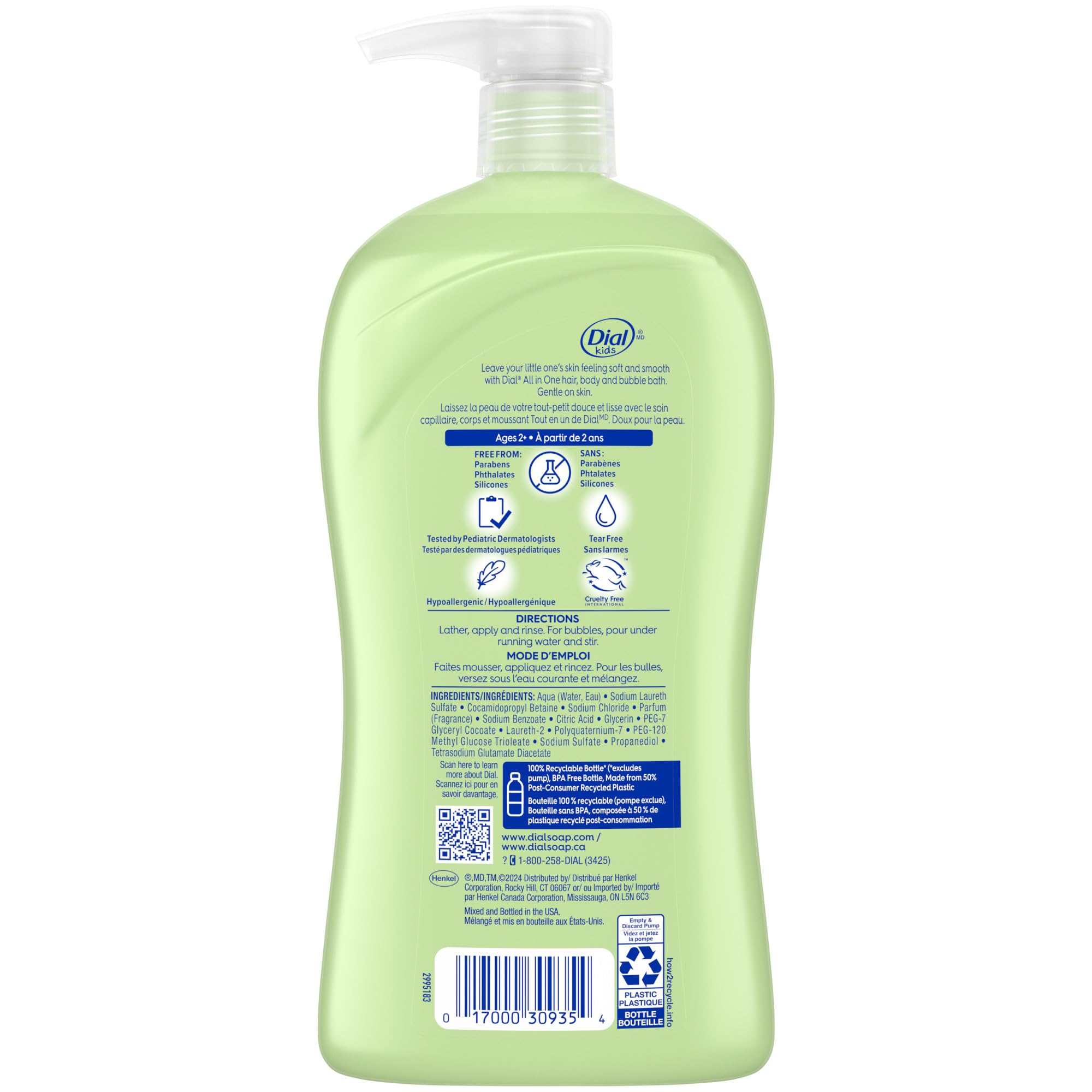 Dial Kids fórmula sin parabenos y silicones, adecuada para piel sensible