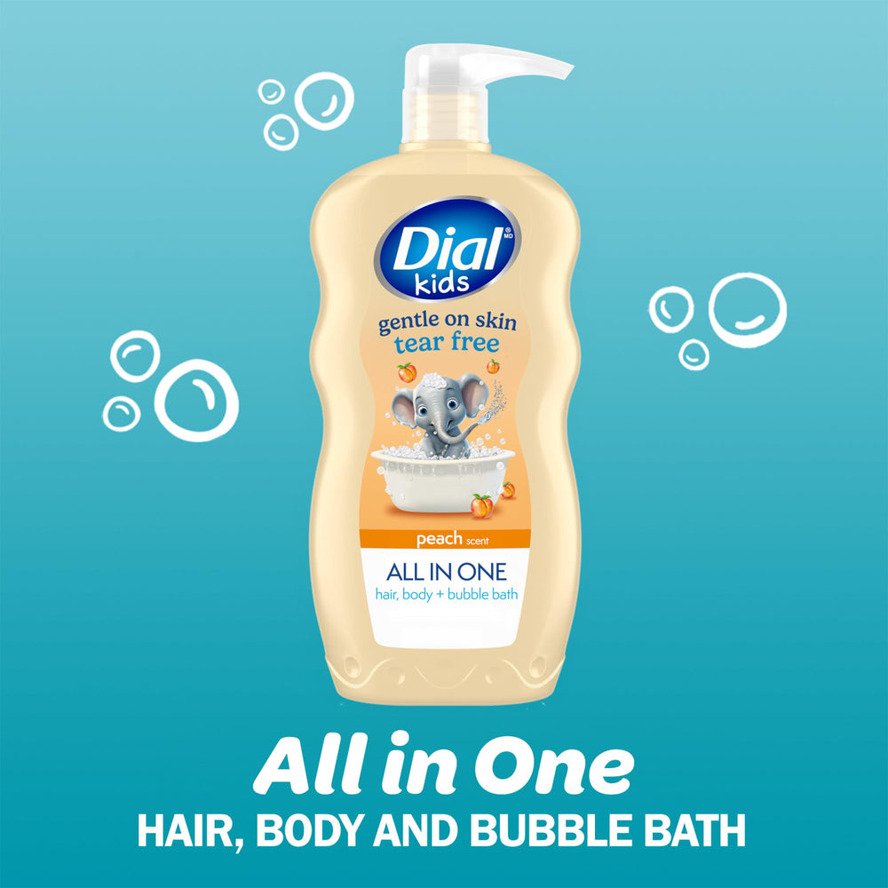 Dial Kids peach-scented bubble wash creating playful foam during bath time.