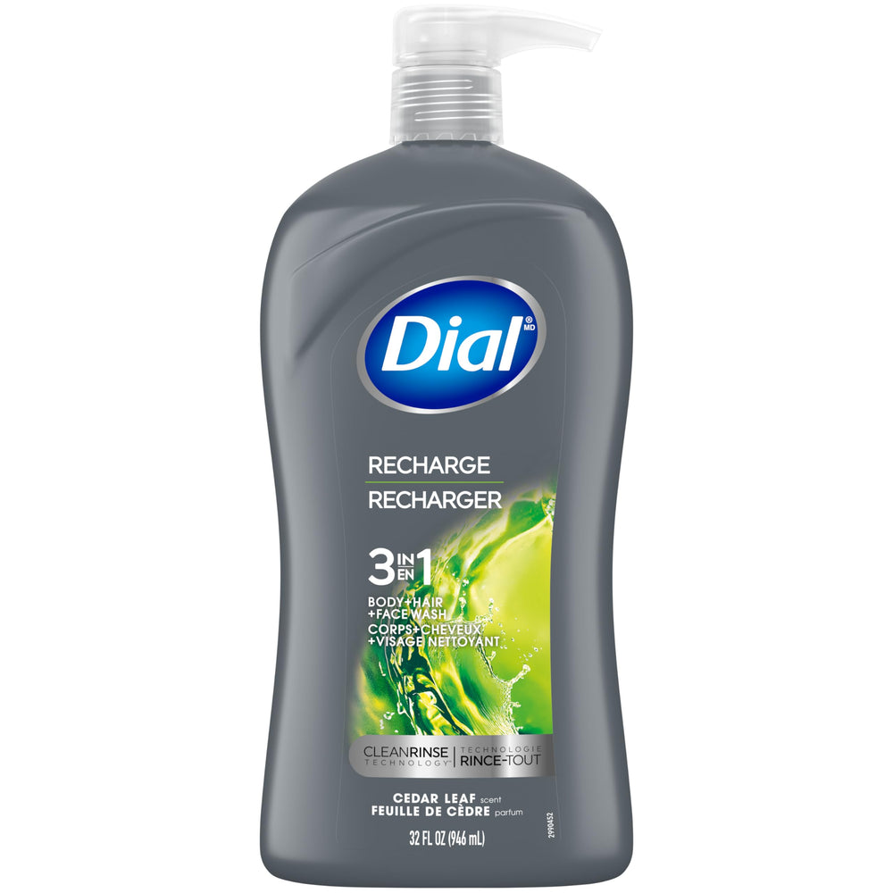 Dial Men 3-in-1 rich lather foaming on skin and hair.