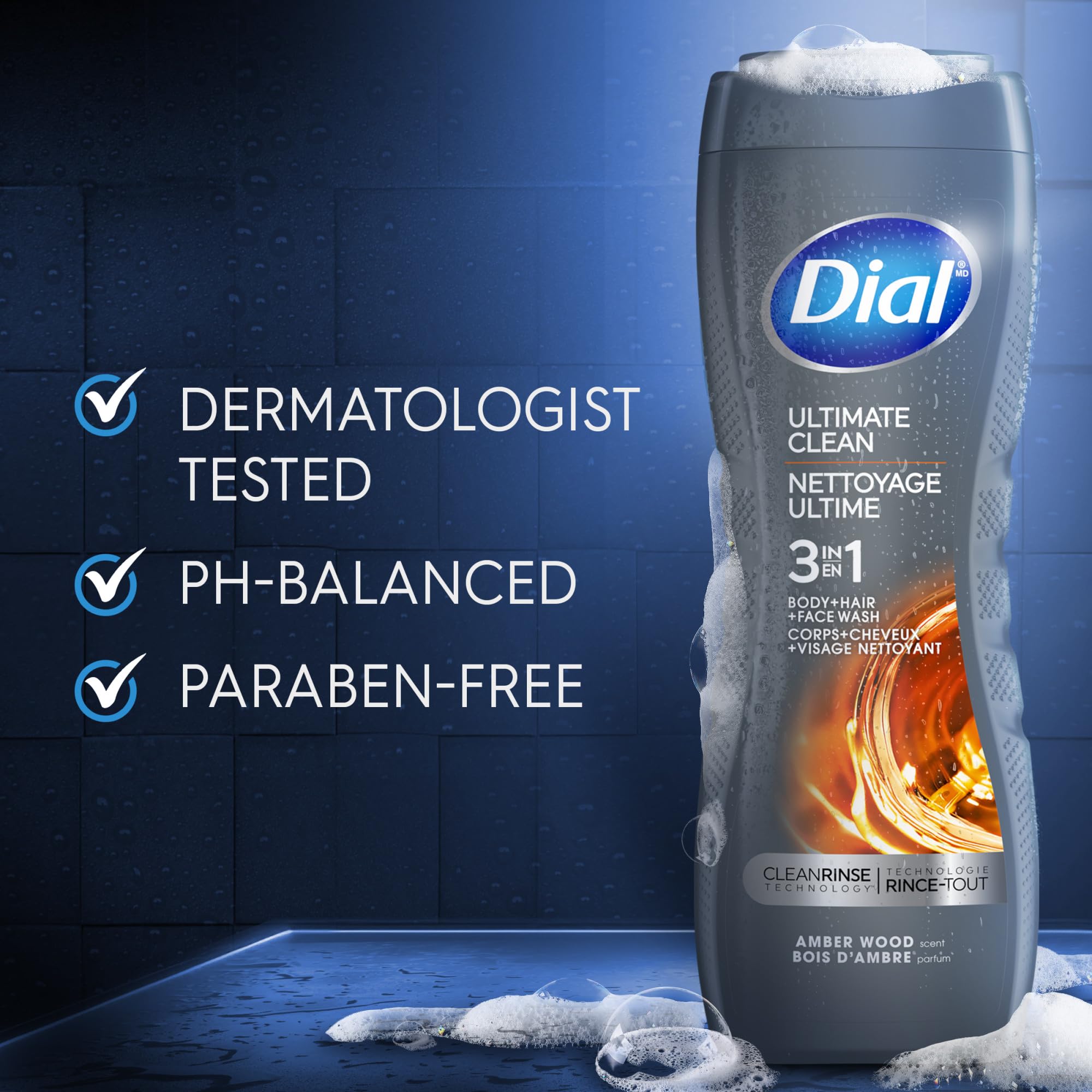Dial Men 3 en 1 fragancia Amber Woods para sensación duradera