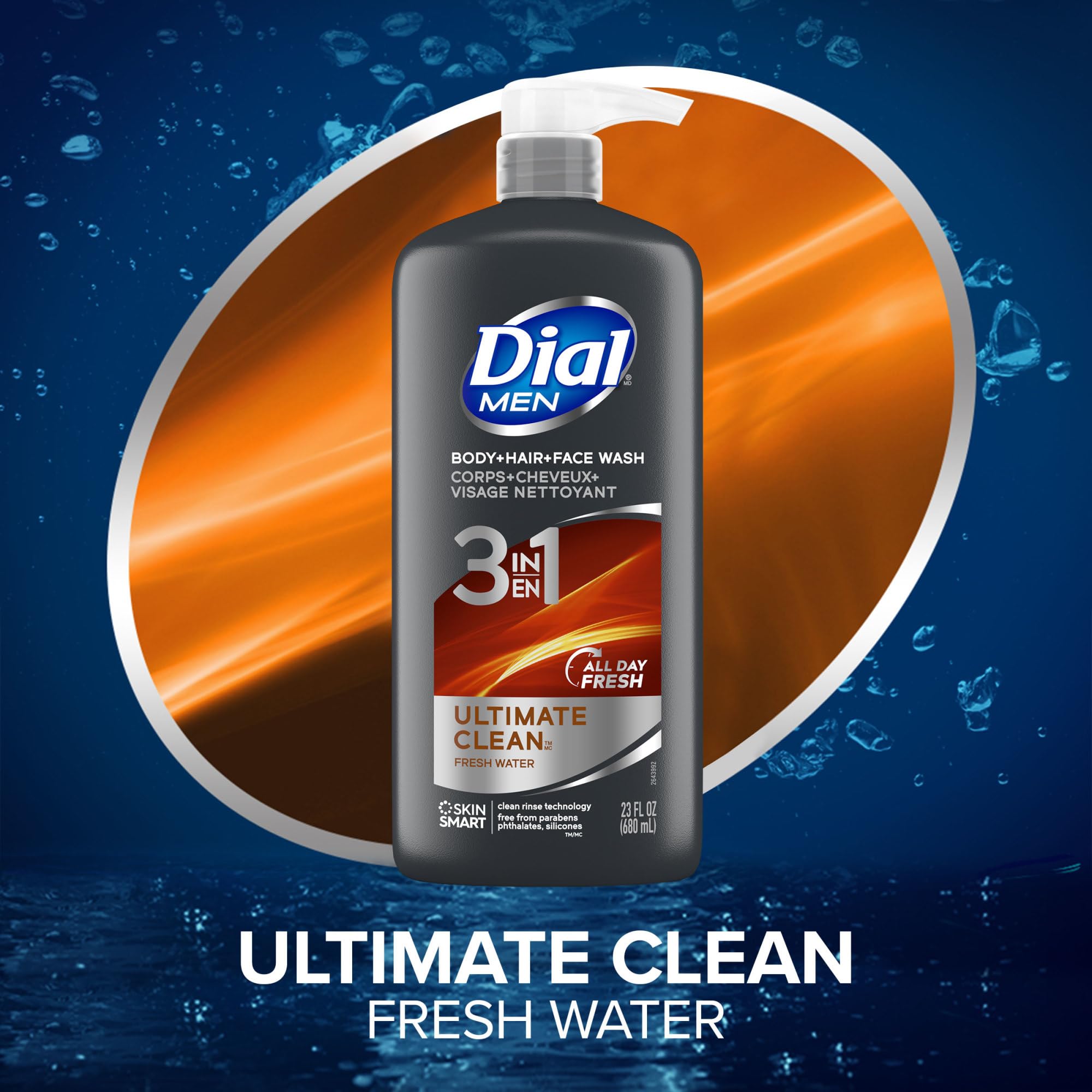 Dial Men 3-in-1 bottle back label highlights Clean Rinse Technology for residue-free cleansing.