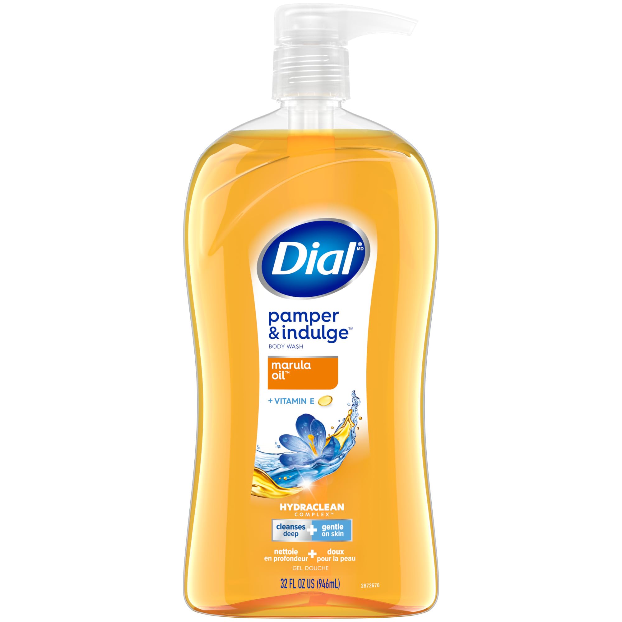 Dial Pamper & Indulge Marula Oil bottle with fruity-floral scent for gentle cleansing.