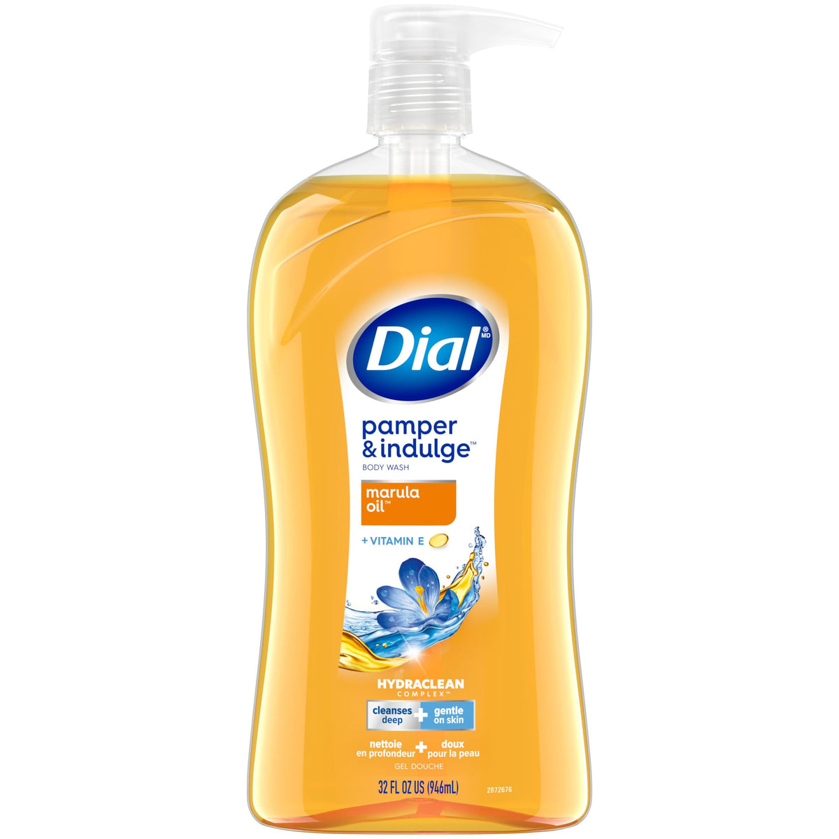 Dial Pamper & Indulge Marula Oil bottle with fruity-floral scent for gentle cleansing.