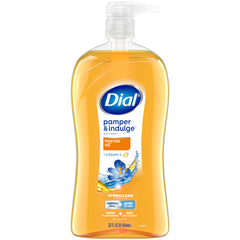 Dial Pamper & Indulge Marula Oil bottle with fruity-floral scent for gentle cleansing.