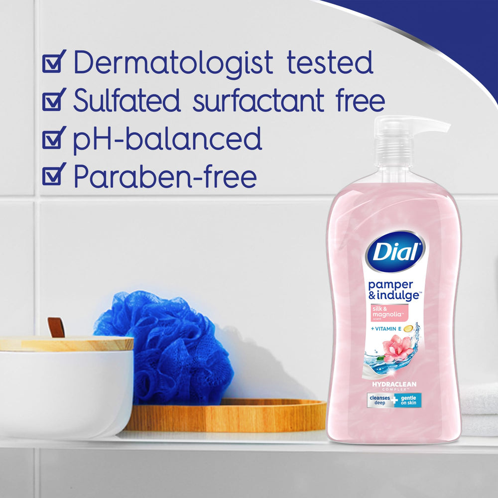 Dial Pamper & Indulge Silk & Magnolia, aroma sutil que realza la experiencia de baño diario.